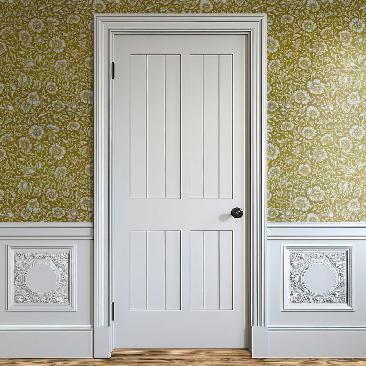 William Morris Mallow Mustard wallpaper on a wall — Door in hallway scene