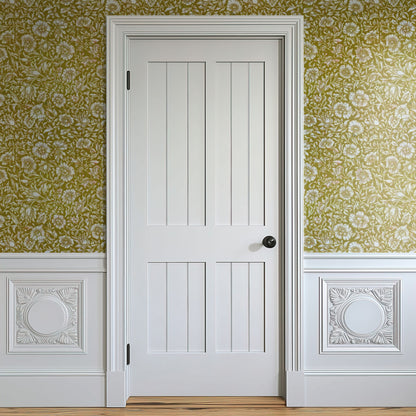 William Morris Mallow Mustard wallpaper on a wall — Door in hallway scene