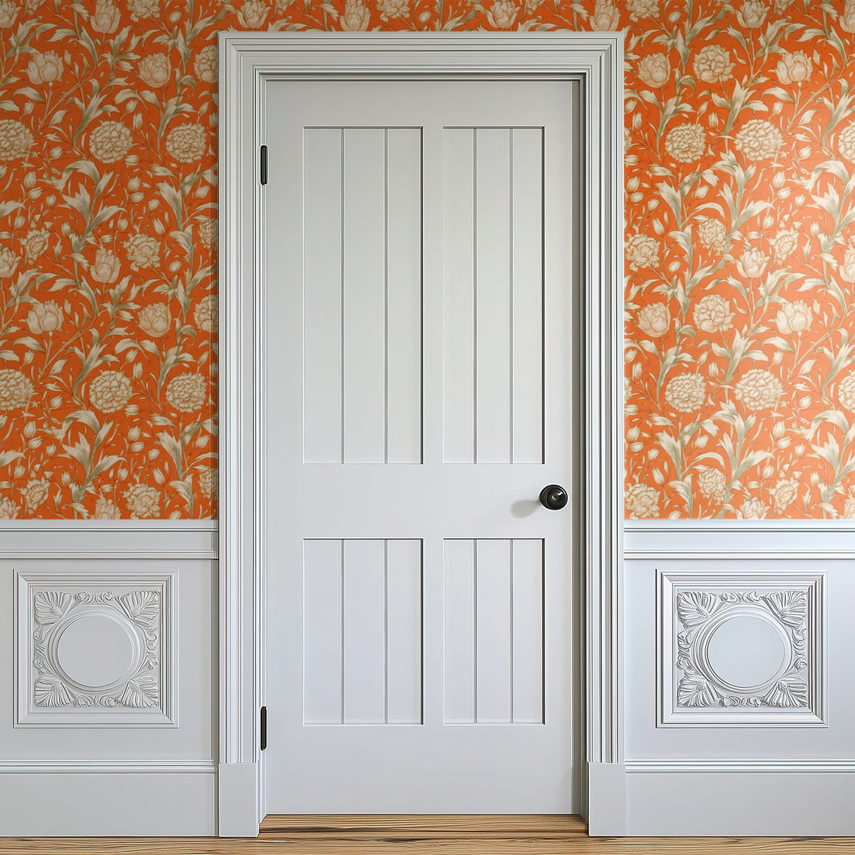 William Morris Wild Tulip Red wallpaper on a wall — Door in hallway scene