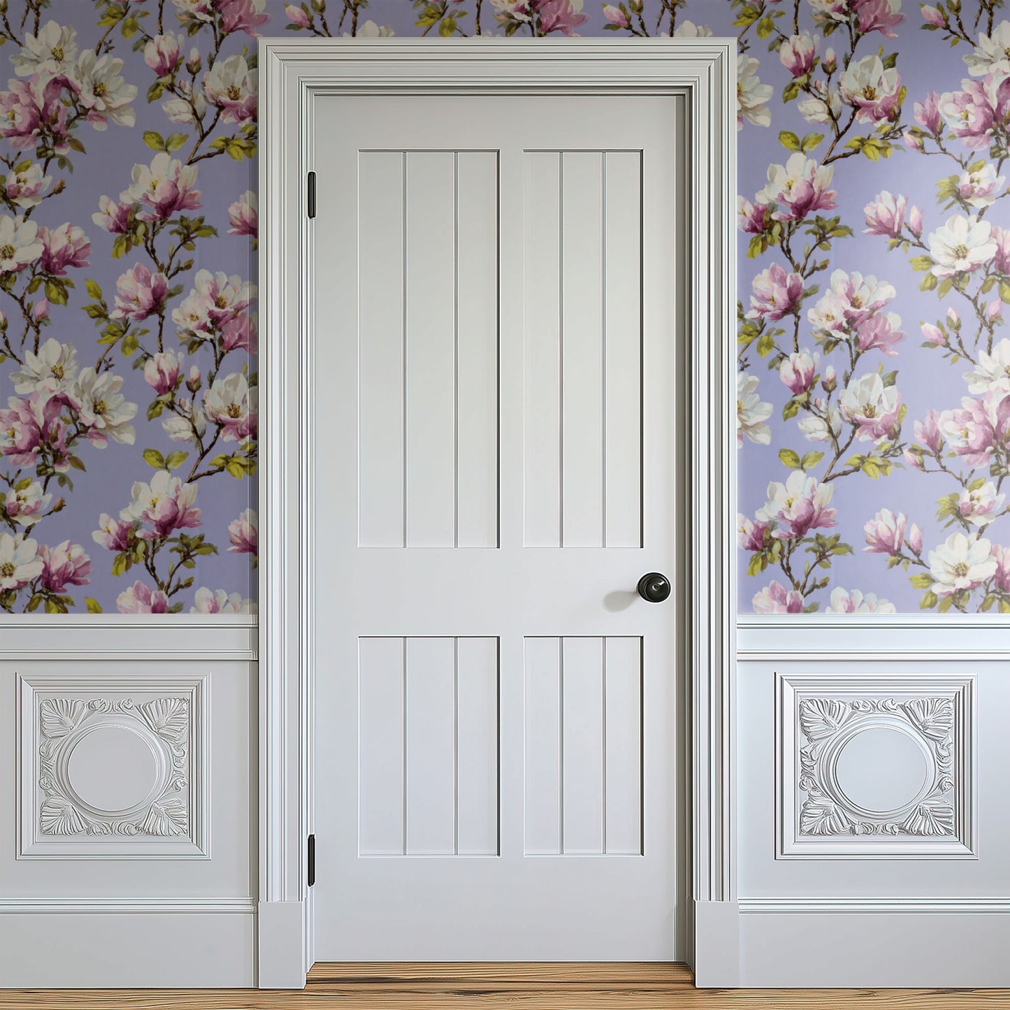 Lilac Magnolia wallpaper shown on a wall — Door in hallway scene