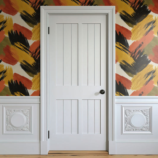 Tiger Strokes wallpaper shown on a wall — Door in hallway scene