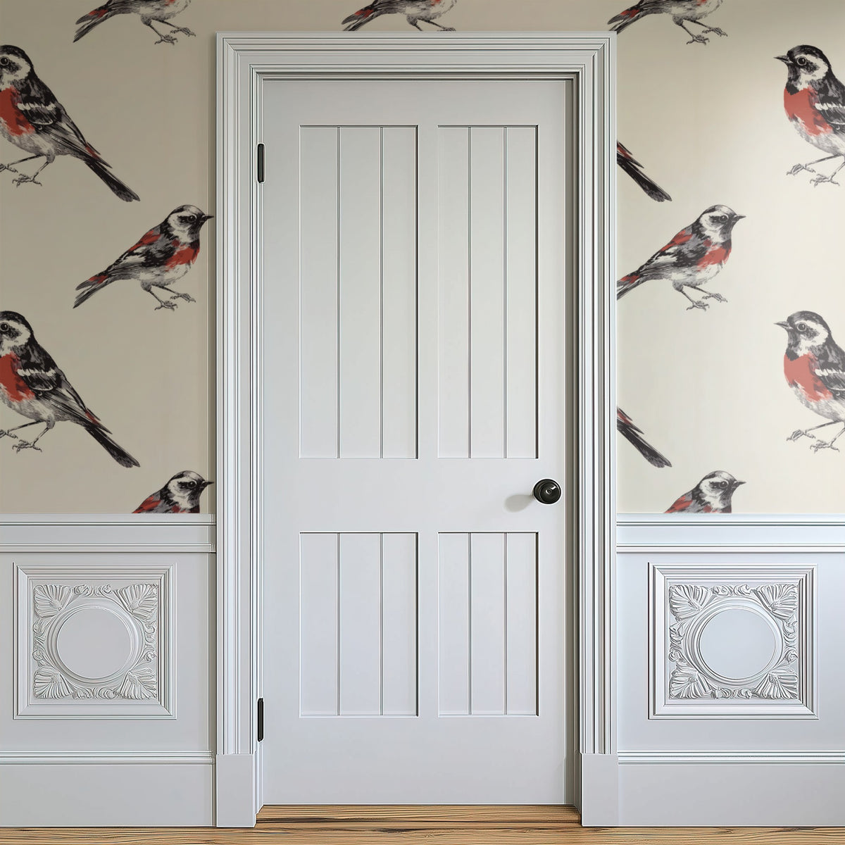 Folk Cardinal wallpaper shown on a wall — Door in hallway scene