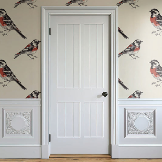 Folk Cardinal wallpaper shown on a wall — Door in hallway scene