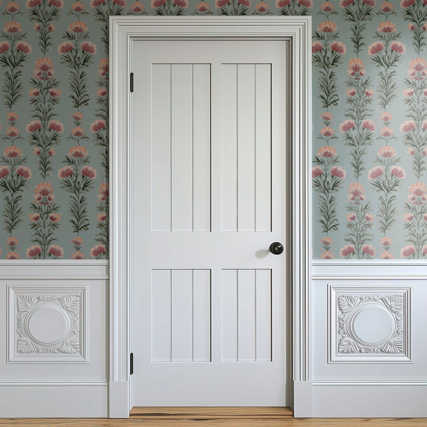 Coral Thistle wallpaper on a wall — Door in hallway scene