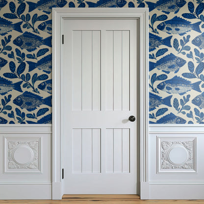 Indigo Catch wallpaper on a wall — Door in hallway scene