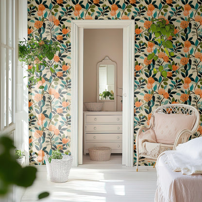 Painted Berry wallpaper on a wall beside a door to an ensuite