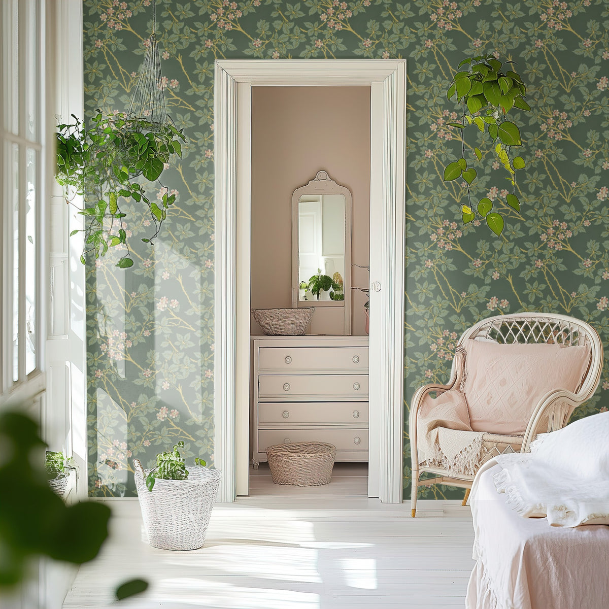 William Morris Blackberry Green wallpaper on a wall — Door to ensuite scene