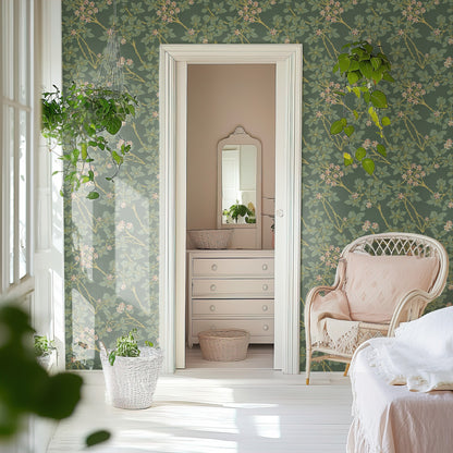 William Morris Blackberry Green wallpaper on a wall — Door to ensuite scene