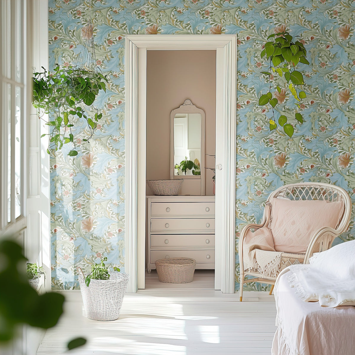 William Morris Granville Blue wallpaper on a wall — Door to ensuite scene
