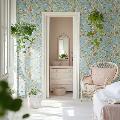 William Morris Granville Blue wallpaper on a wall — Door to ensuite scene