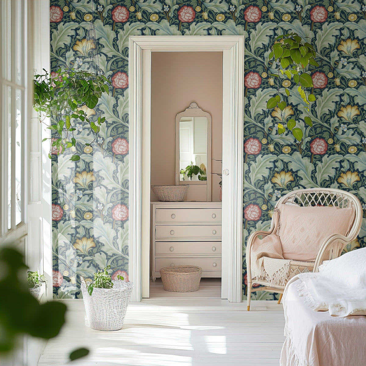 William Morris Leicester Navy wallpaper on a wall — Door to ensuite scene