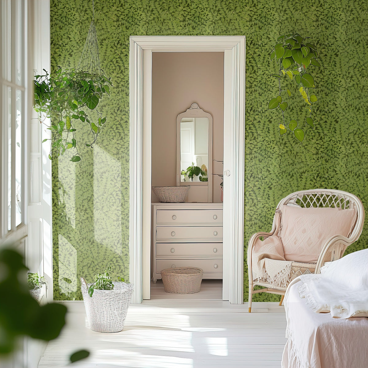 William Morris Branch Green wallpaper on a wall — Door to ensuite scene