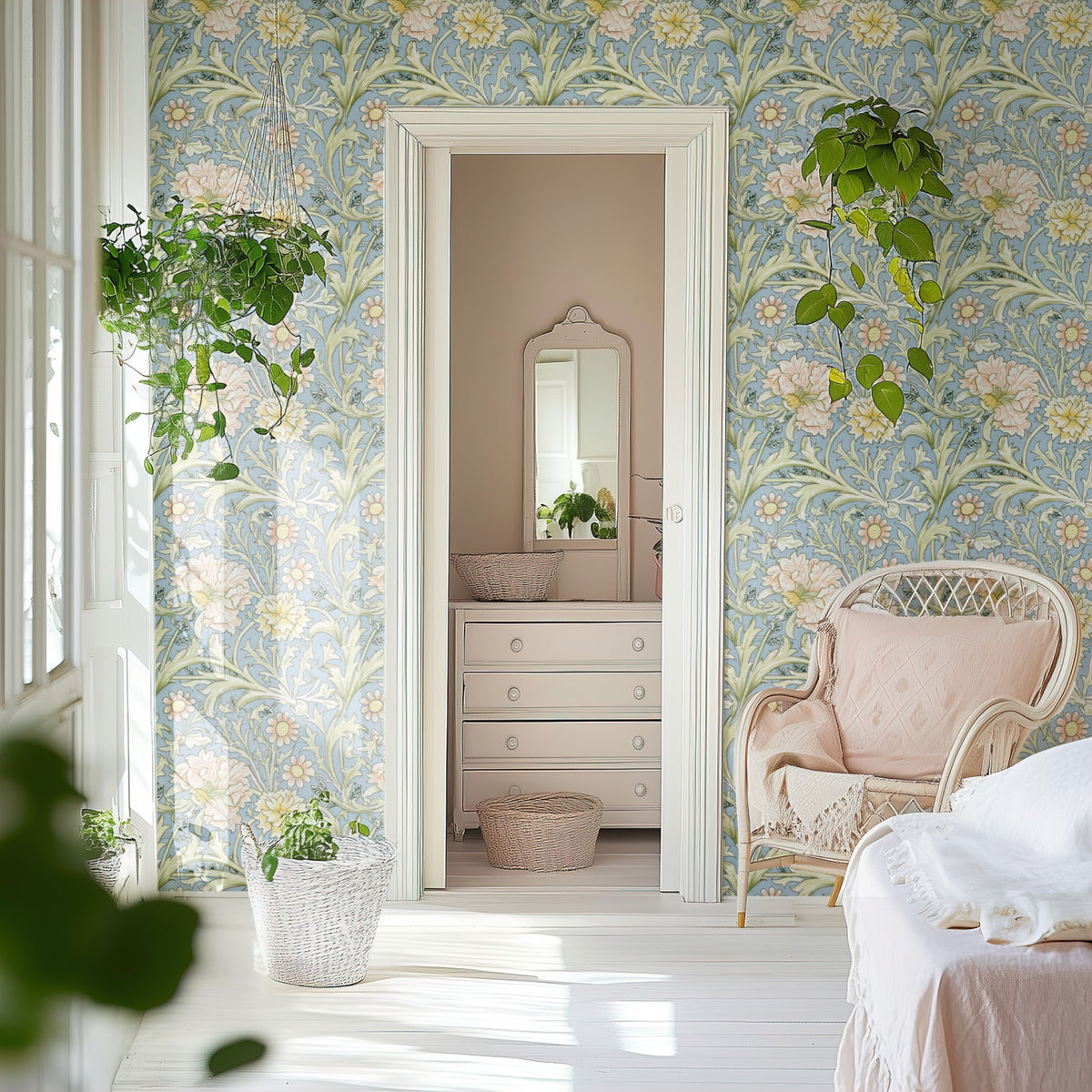 William Morris Double Bough Blue wallpaper on a wall — Door to ensuite scene
