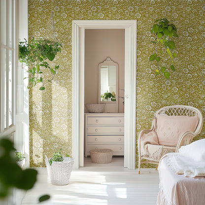 William Morris Mallow Mustard wallpaper on a wall — Door to ensuite scene