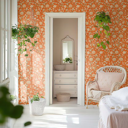 William Morris Wild Tulip Red wallpaper on a wall — Door to ensuite scene