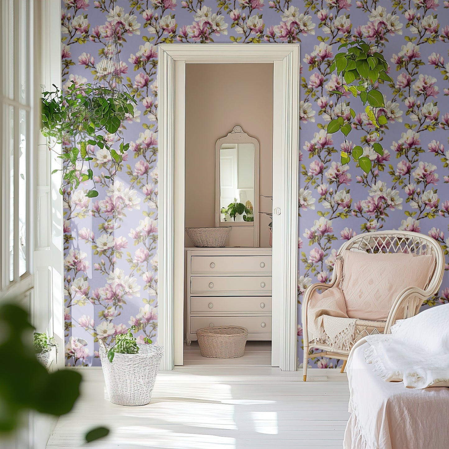 Lilac Magnolia wallpaper shown on a wall — Door to ensuite scene