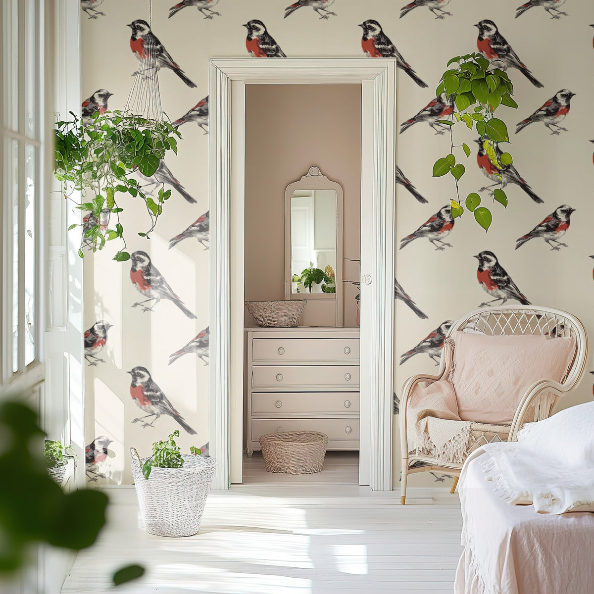 Folk Cardinal wallpaper shown on a wall — Door to ensuite scene