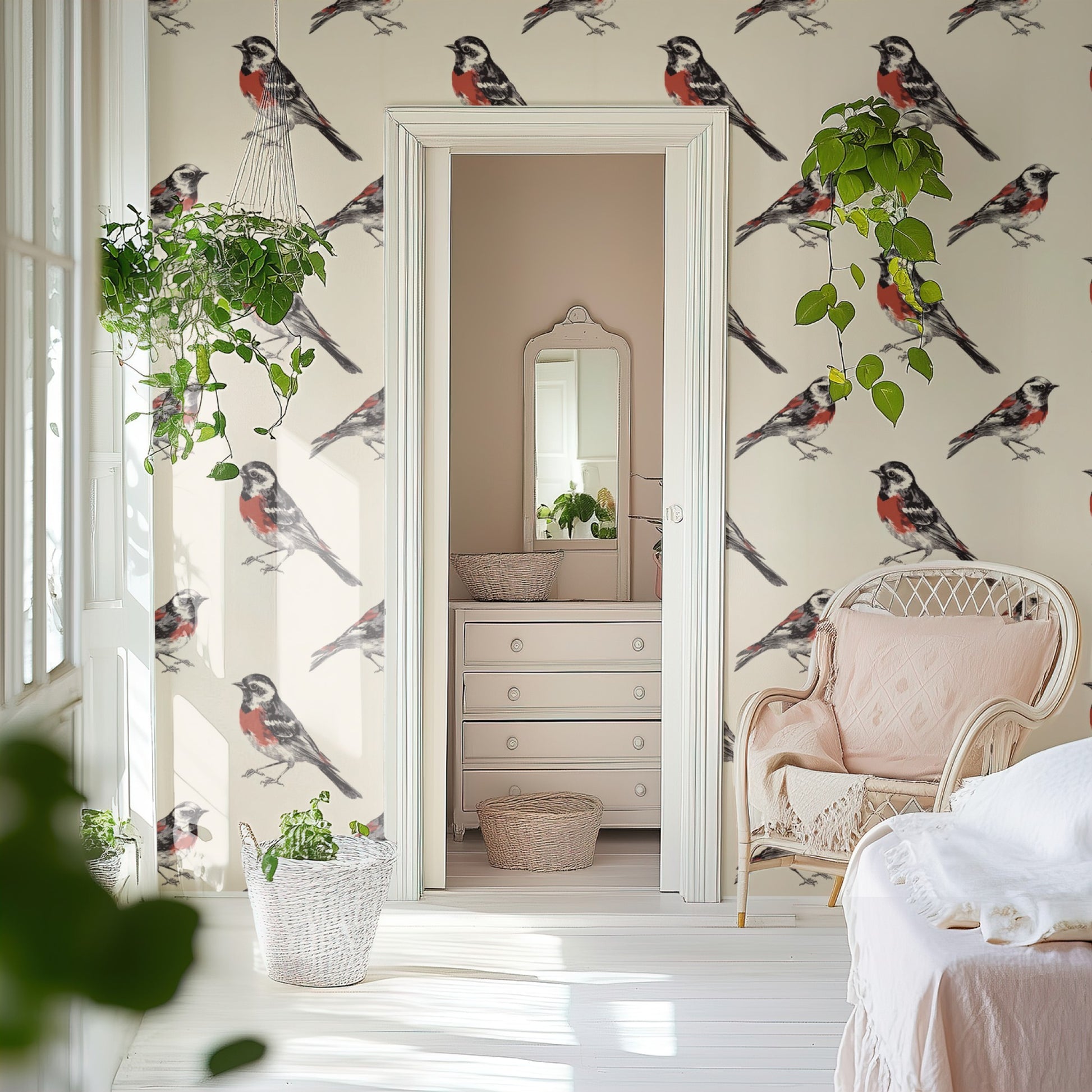Folk Cardinal wallpaper shown on a wall — Door to ensuite scene