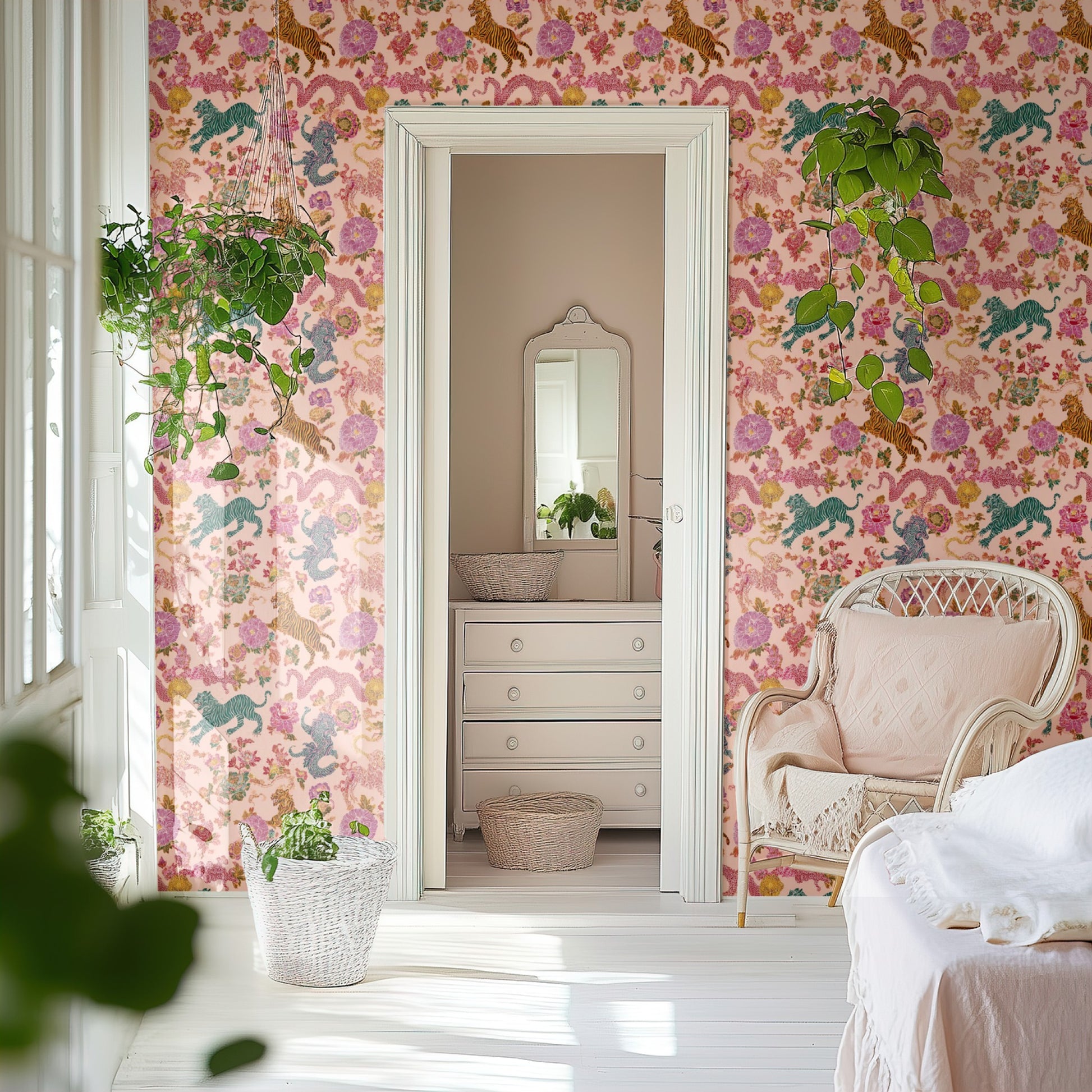 Tigers & Dragons wallpaper on a wall — Door to ensuite scene