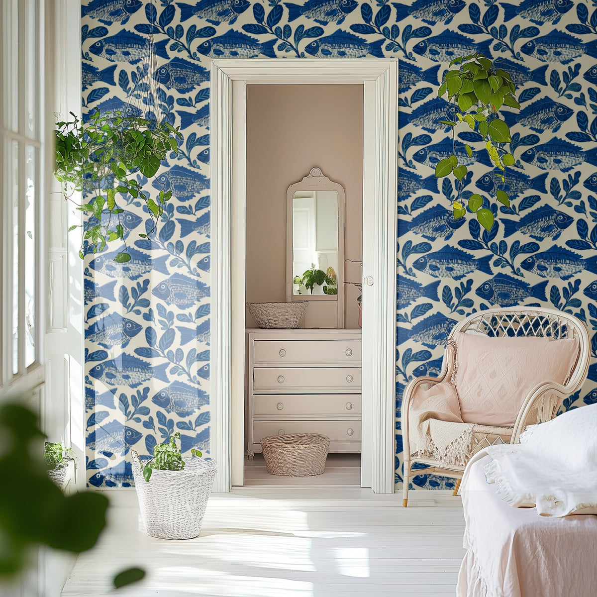 Indigo Catch wallpaper on a wall — Door to ensuite scene