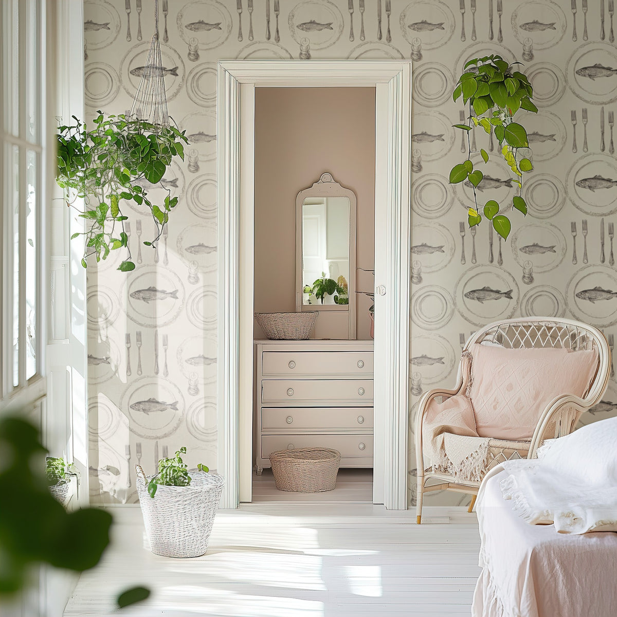 Set Table wallpaper on a wall — Door to ensuite scene
