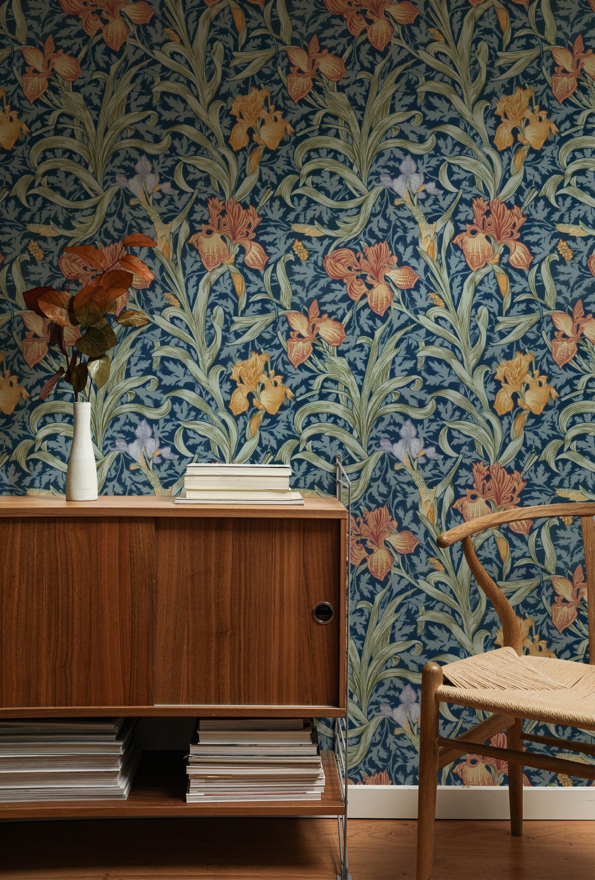 William Morris Iris Navy wallpaper on a wall — Lifestyle 1 scene