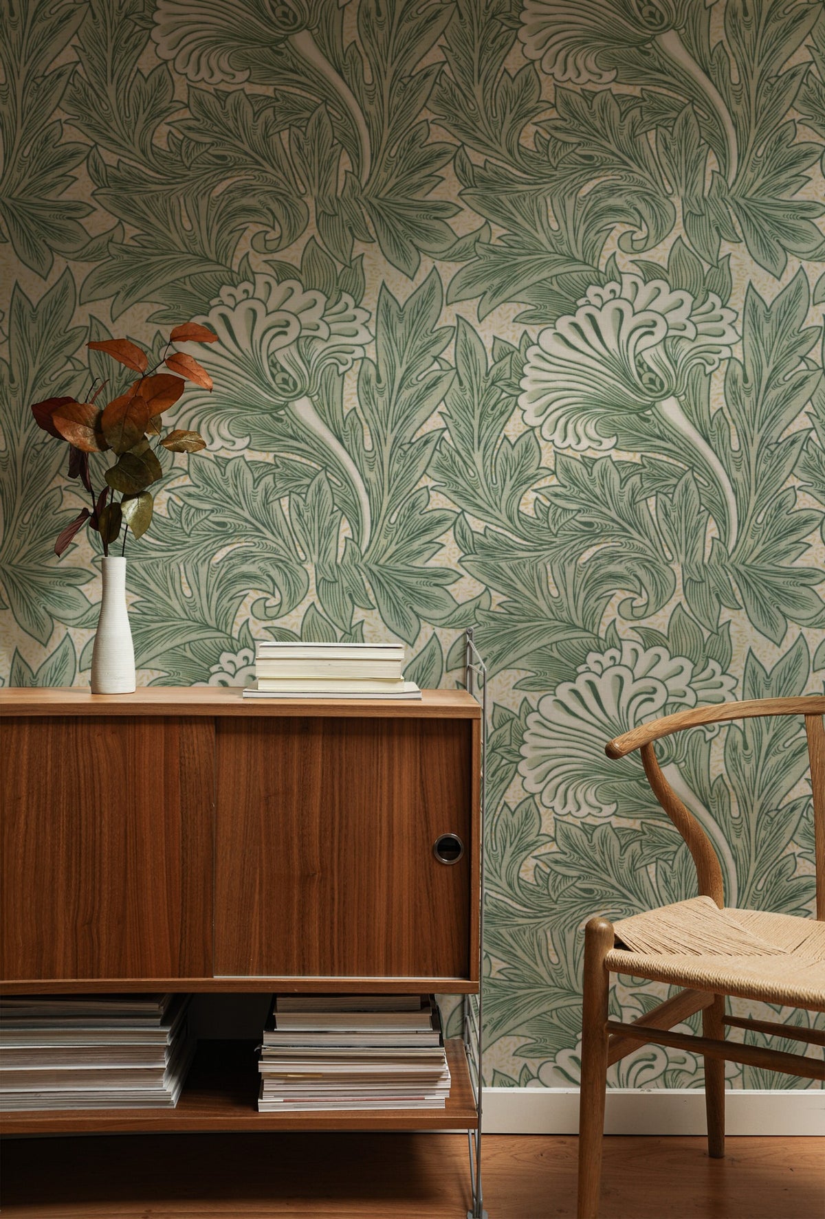 William Morris Tulip Sage wallpaper on a wall — Lifestyle 1 scene