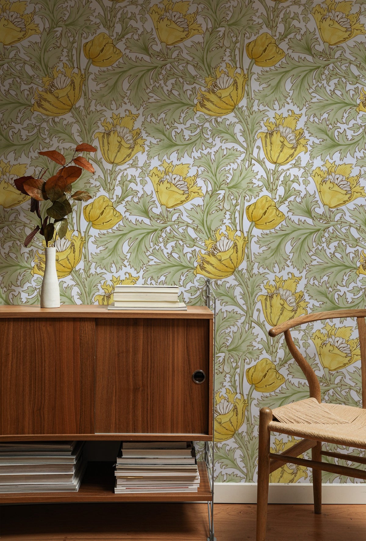 William Morris Anemone Yellow wallpaper on a wall — Lifestyle 1 scene
