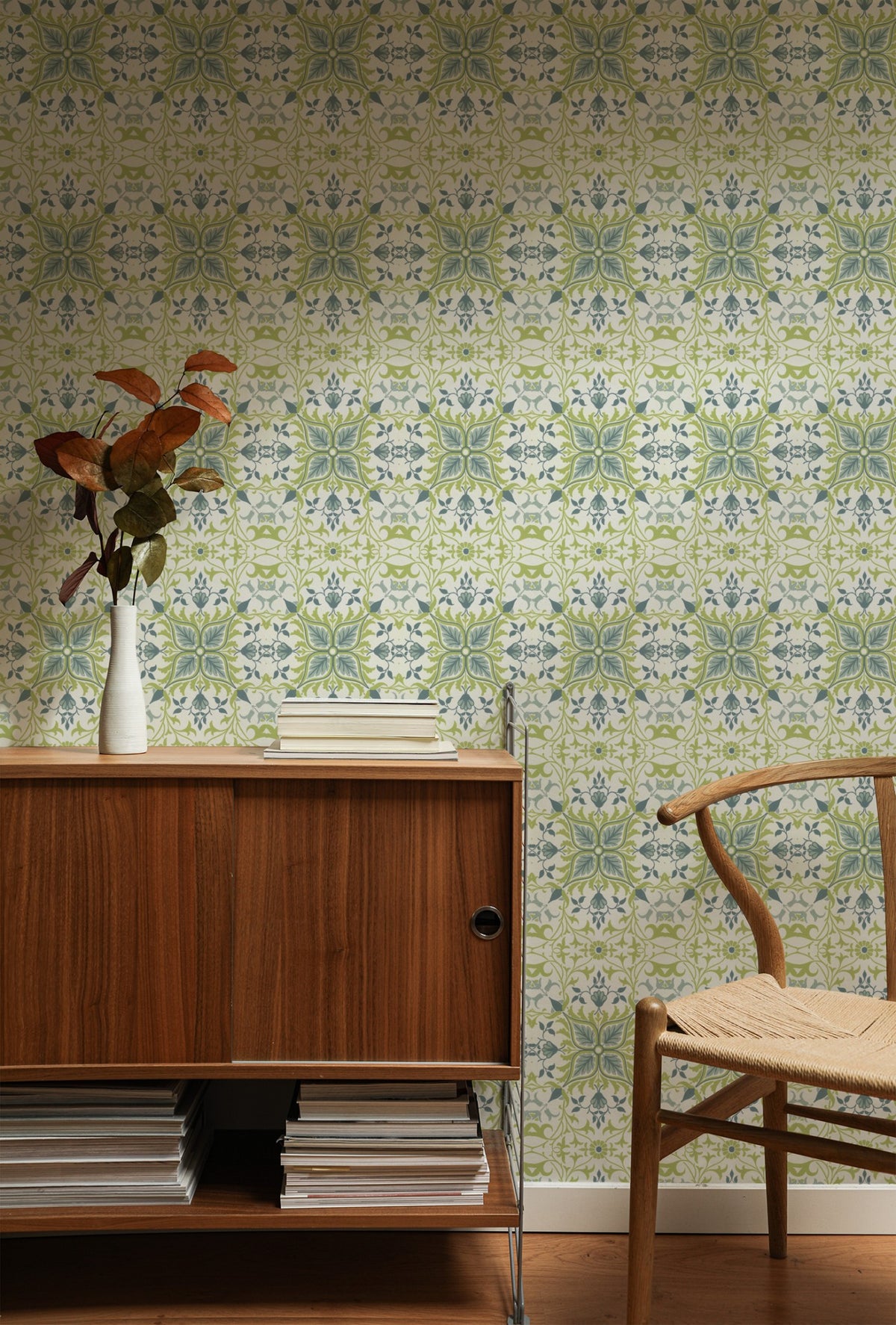 William Morris Net Ceiling White wallpaper on a wall — Lifestyle 1 scene