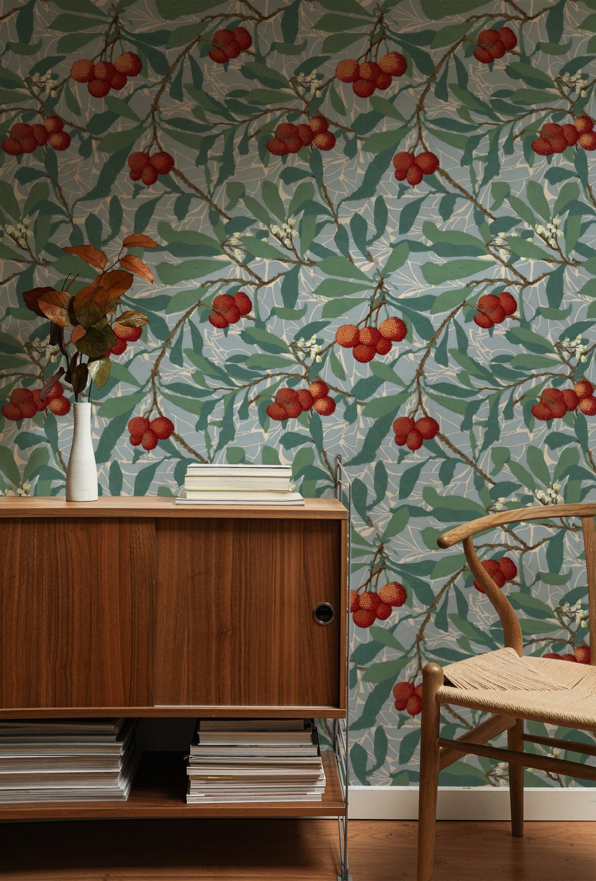William Morris Arbutus Slate wallpaper on a wall — Lifestyle 1 scene