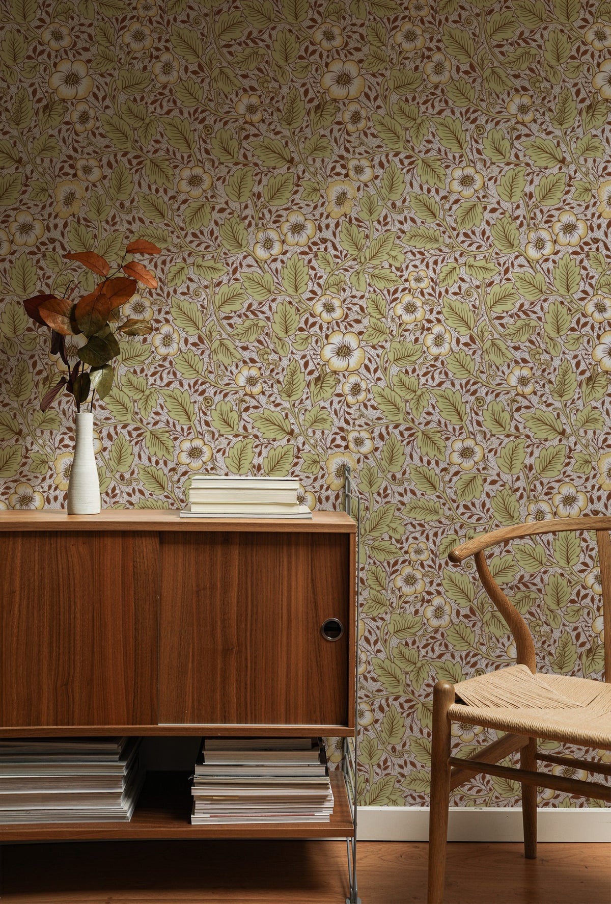 William Morris Christchurch Wine wallpaper on a wall — Lifestyle 1 scene