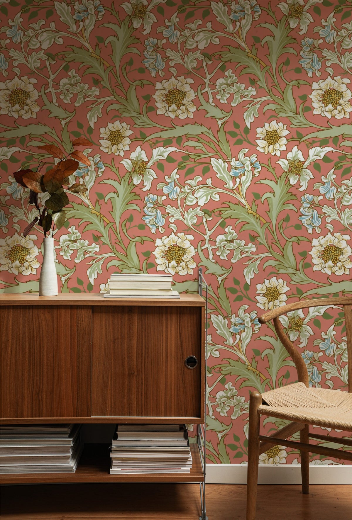 William Morris Hyacinth Coral wallpaper on a wall — Lifestyle 1 scene