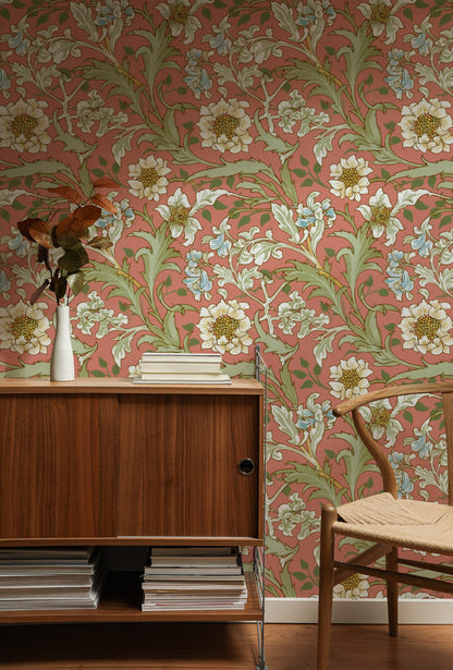 William Morris Hyacinth Coral wallpaper on a wall — Lifestyle 1 scene