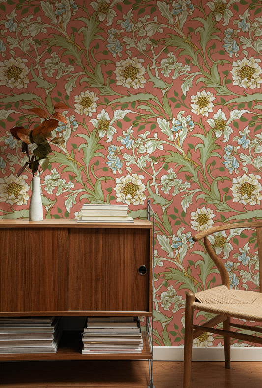 William Morris Hyacinth Coral wallpaper on a wall — Lifestyle 1 scene