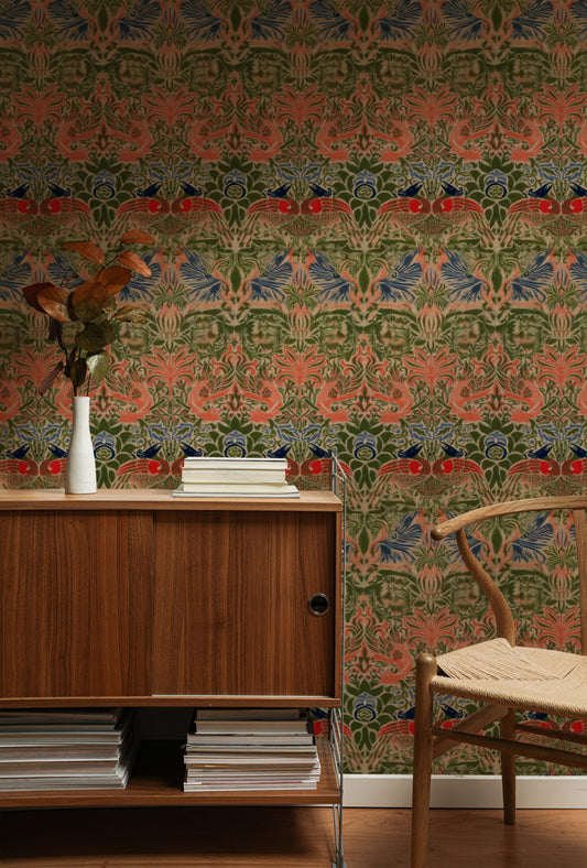 William Morris Peacock And Dragon Coral wallpaper on a wall — Lifestyle 1 scene