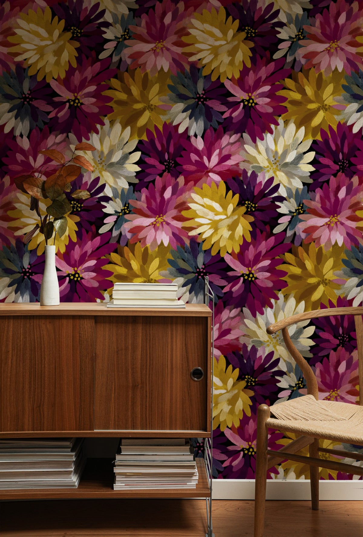Dahlia Crush wallpaper shown on a wall — Lifestyle 1 scene