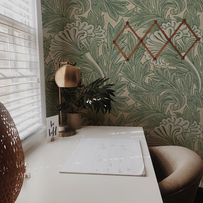 William Morris Tulip Sage wallpaper on a wall — Lifestyle 2 scene
