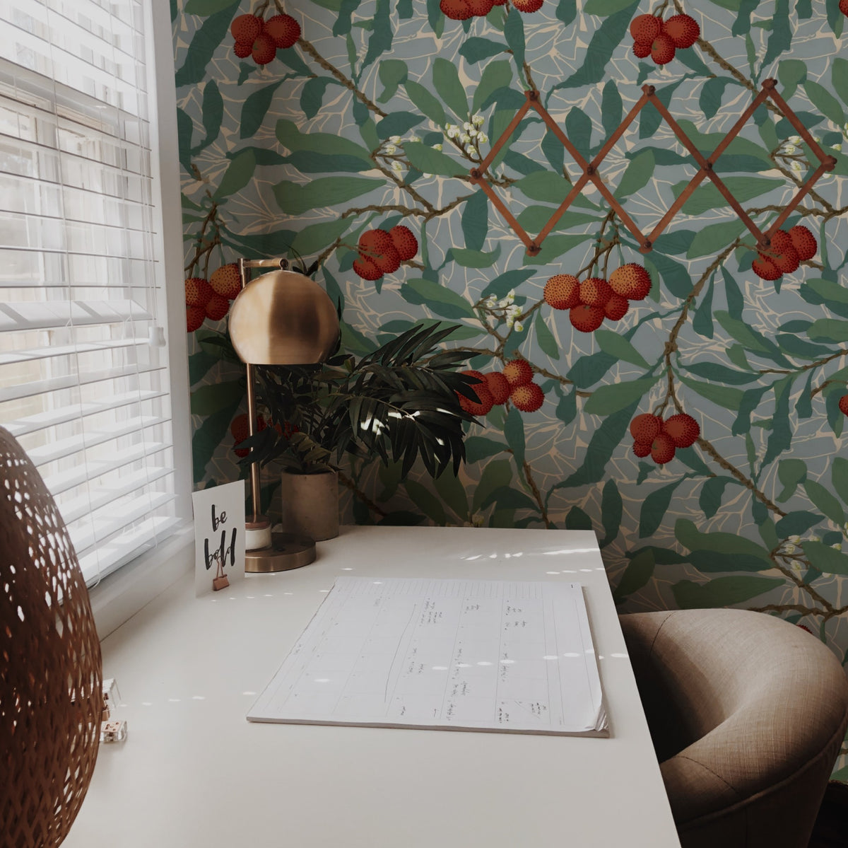 William Morris Arbutus Slate wallpaper on a wall — Lifestyle 2 scene