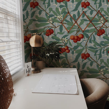 William Morris Arbutus Slate wallpaper on a wall — Lifestyle 2 scene