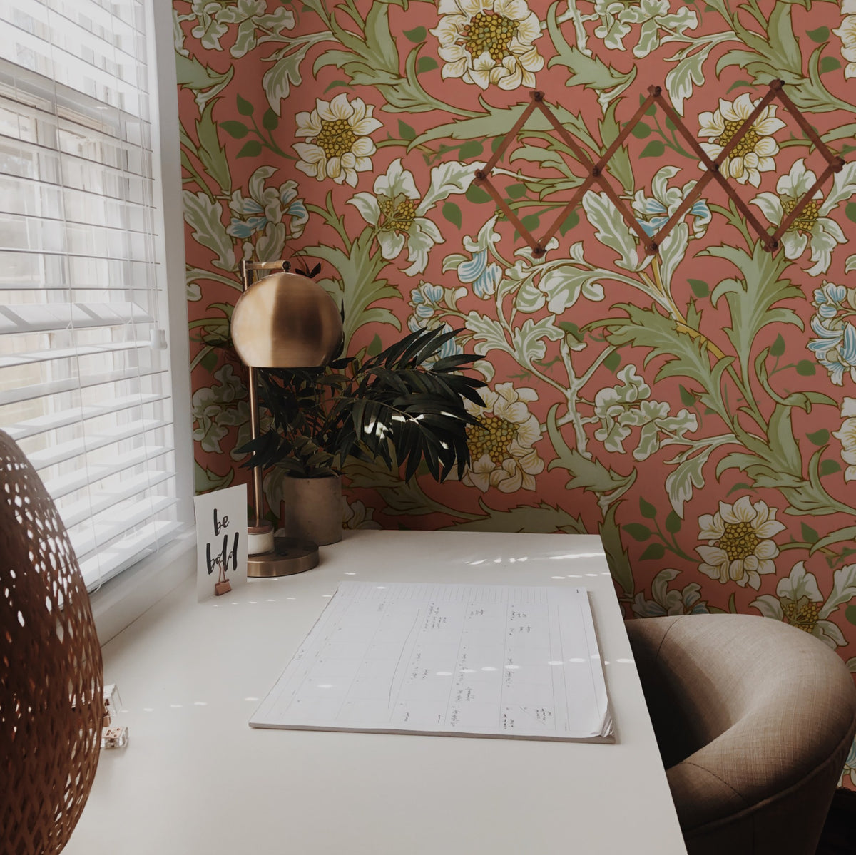 William Morris Hyacinth Coral wallpaper on a wall — Lifestyle 2 scene