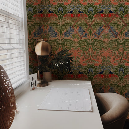 William Morris Peacock And Dragon Coral wallpaper on a wall — Lifestyle 2 scene