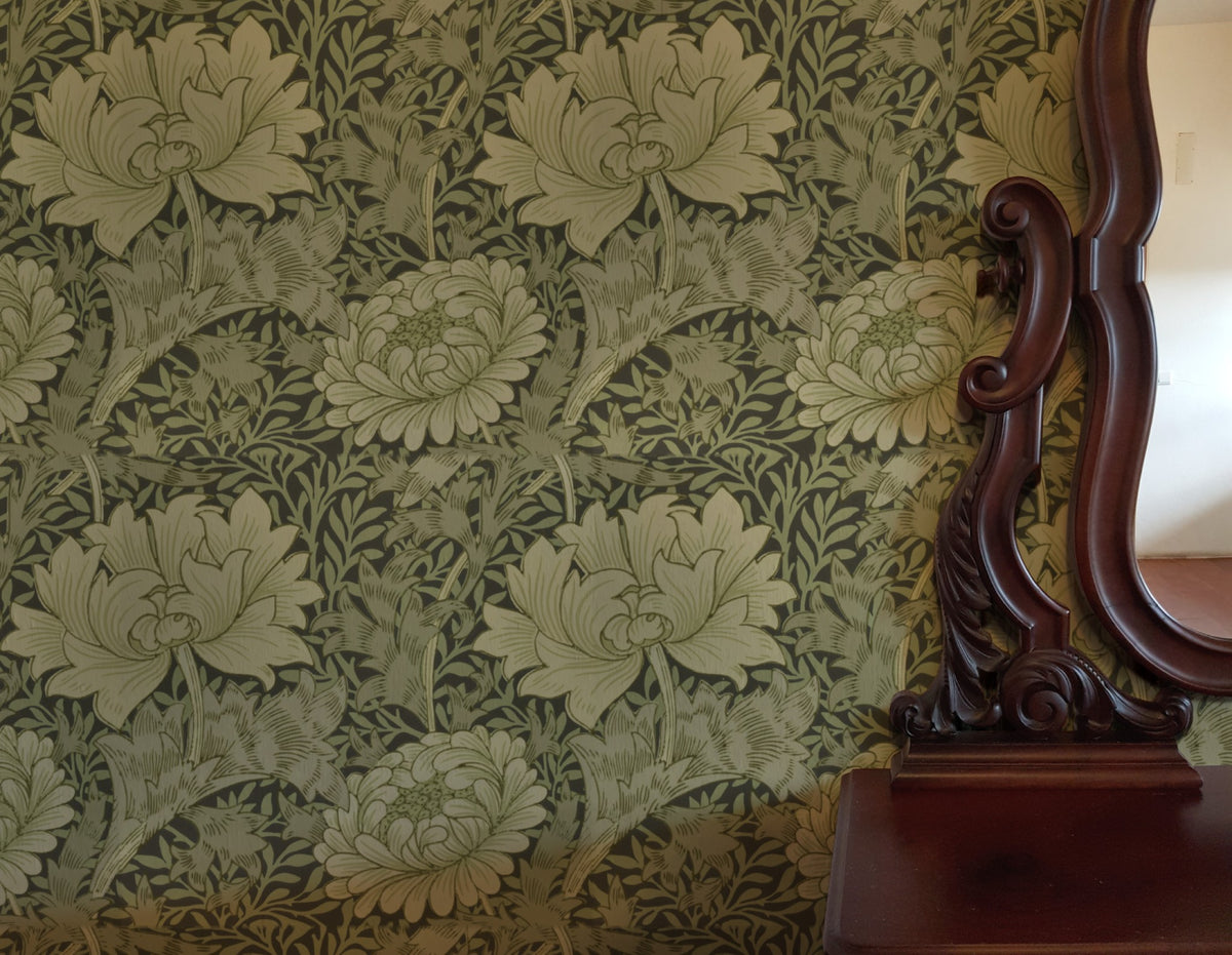 William Morris Chrysanthemum Olive wallpaper on a wall — Lifestyle 3 scene