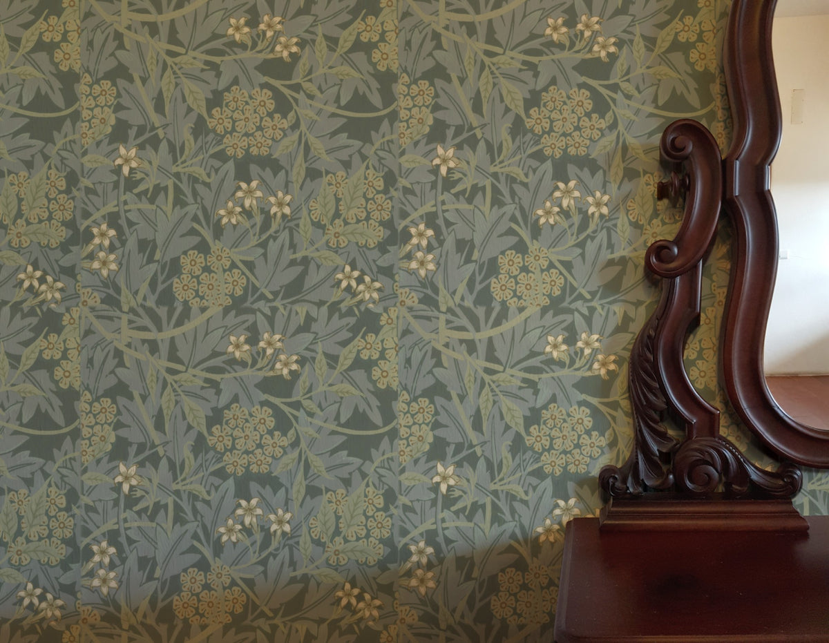 William Morris Jasmine Sage wallpaper on a wall — Lifestyle 3 scene