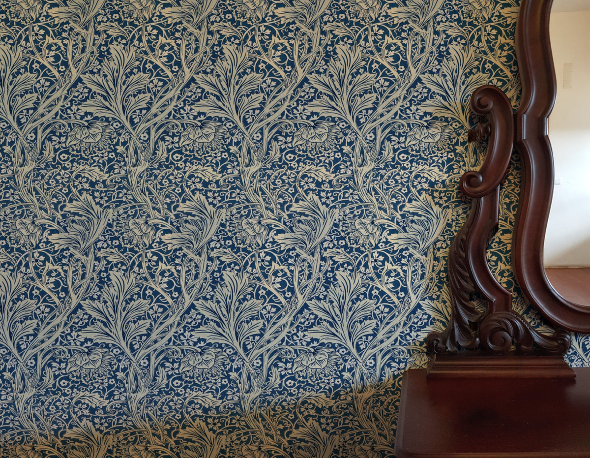 William Morris Arcadia Blue wallpaper on a wall — Lifestyle 3 scene