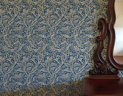 William Morris Arcadia Blue wallpaper on a wall — Lifestyle 3 scene