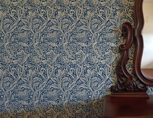 William Morris Arcadia Blue wallpaper on a wall — Lifestyle 3 scene