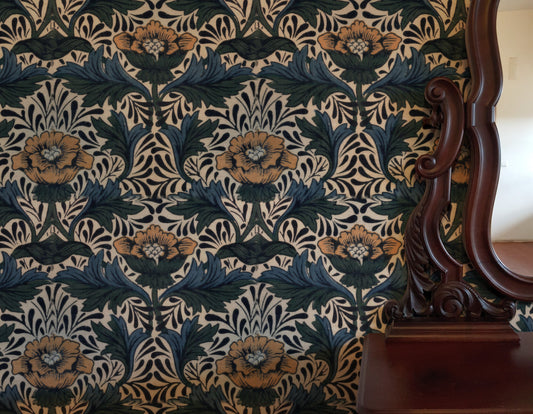 William Morris Peony Navy wallpaper on a wall — Lifestyle 3 scene