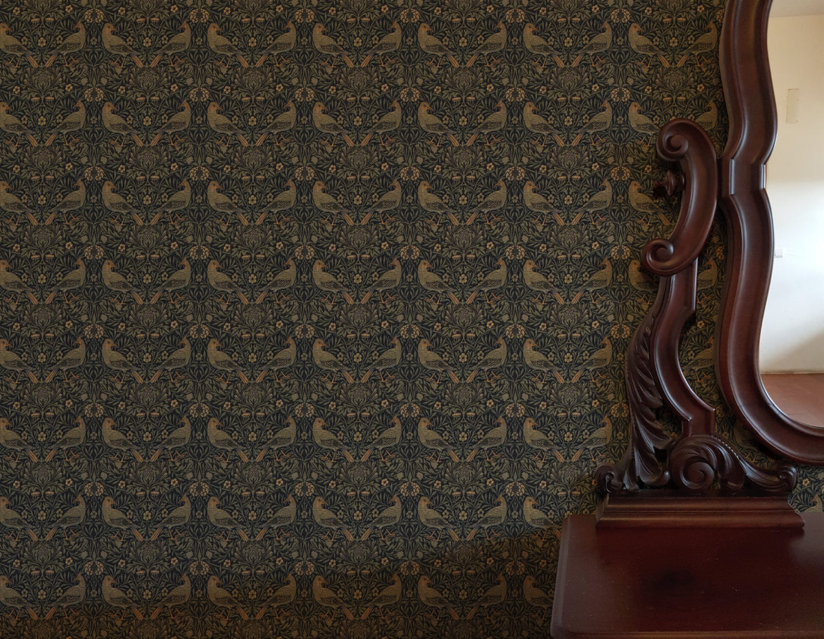 William Morris Bird Charcoal wallpaper on a wall — Lifestyle 3 scene