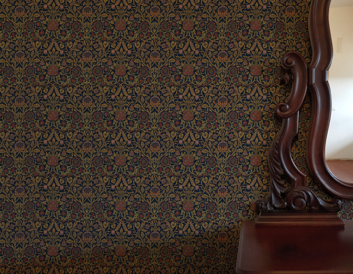 William Morris Violet And Columbine Navy wallpaper on a wall — Lifestyle 3 scene