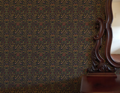 William Morris Violet And Columbine Navy wallpaper on a wall — Lifestyle 3 scene